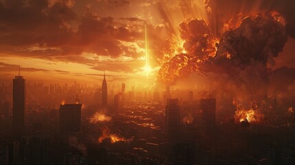 Cityscape engulfed in flames and smoke after a catastrophic nuclear detonation 