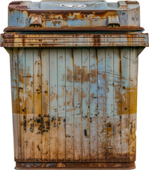 Vintage blue trash can with rust and wear marks isolated cut out on transparent background