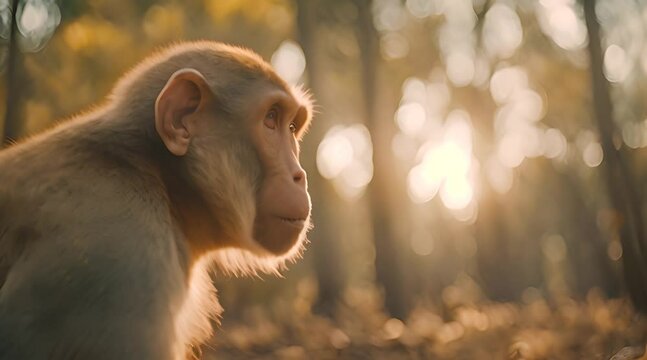 Sad Monkey in Damaged Forest: Environmental Care Footage