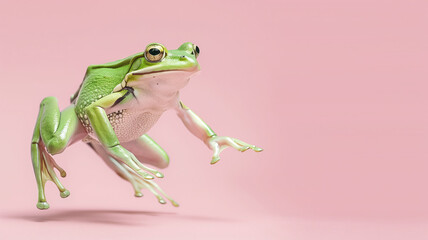 green frog jumping up in the air on the  pastel background Generative AI