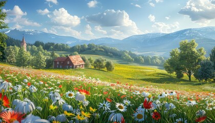 Idyllic Countryside, Quaint farmhouses nestled among rolling hills and fields of flowers, depicting the charm and simplicity of rural life - obrazy, fototapety, plakaty