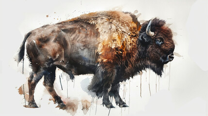 Bison in watercolour Isolated on white background.