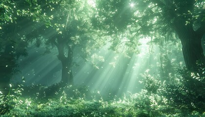 Enchanted Forest, Sunlight filtering through a lush, green forest canopy, creating a magical and ethereal atmosphere