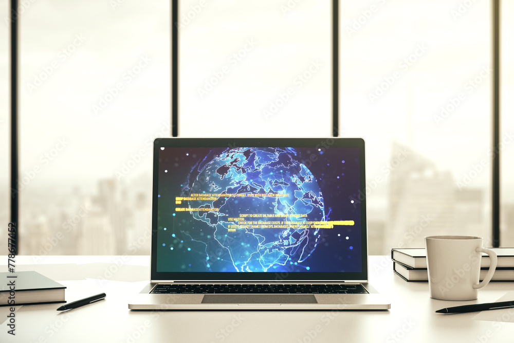 Leinwandbilder modern computer monitor with abstract programming language with world map, research and development 