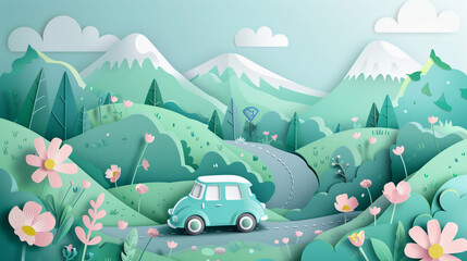 Beautiful journey road trip with car in spring and paper cut style natural pastel color scheme background.