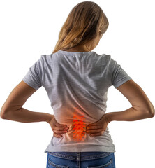 Woman with visualized lower back pain highlighting spine issues isolated cut out on transparent background