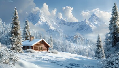 Winter Wonderland, Snow-covered landscape with evergreen trees and a cozy cabin, evoking feelings...