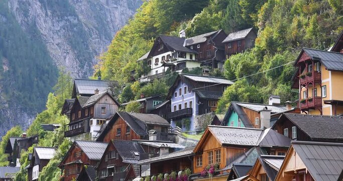 UNESCO world heritage site Hallstatt town with wooden houses on the hill Austria,