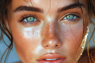 Close-Up Portrait of a Young Woman With Striking Blue Eyes and Freckles