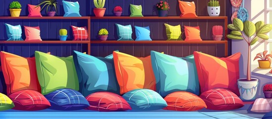 The living room features a vibrant display of colorful pillows and potted plants, creating a visually appealing artistic arrangement with electric blue and magenta accents - obrazy, fototapety, plakaty