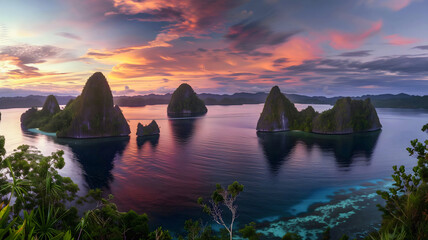 Beautiful coastal sunrise landscape scenery, Raja Ampat, West Papua, Indonesia, nature background, seascape, scenic wallpaper