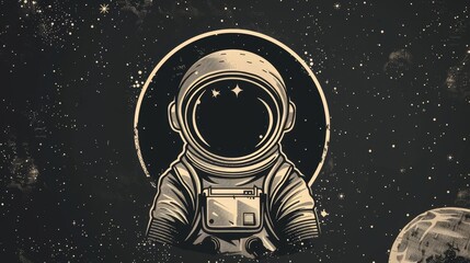 Vintage styled graphic with Astronaut wearing spacesuit floating in galactic void.