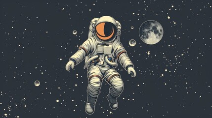 Vintage styled graphic with Astronaut wearing spacesuit floating in galactic void. - obrazy, fototapety, plakaty