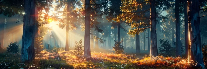 Fotobehang mystical forest glade with shafts of golden sunlight filtering through the trees, painted in enchanting watercolor hues. © Maximusdn