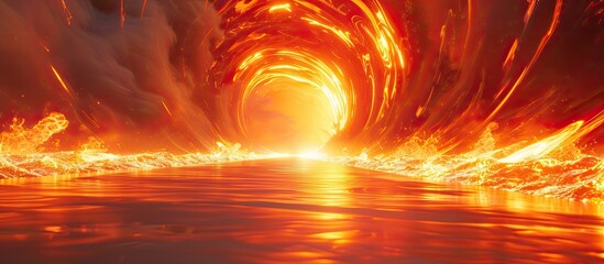 An atmospheric phenomenon of a tunnel of fire passing through the water, creating a stunning display of amber and orange hues against the sky and horizon, radiating heat