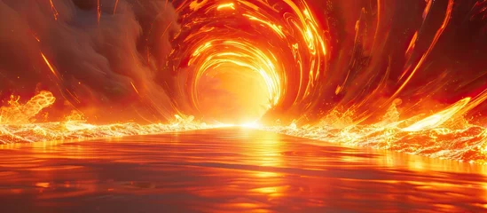 Fotobehang An atmospheric phenomenon of a tunnel of fire passing through the water, creating a stunning display of amber and orange hues against the sky and horizon, radiating heat © AkuAku