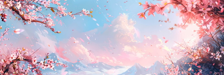 nature's awakening with striking oil paintings of Easter Monday backgrounds showcasing blooming cherry blossoms and fresh greenery.