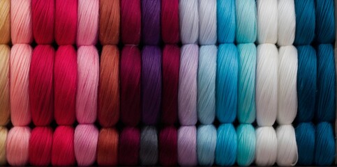 Various skeins of yarn arranged by color
