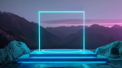 Empty podium for product display with glowing neon square frame 