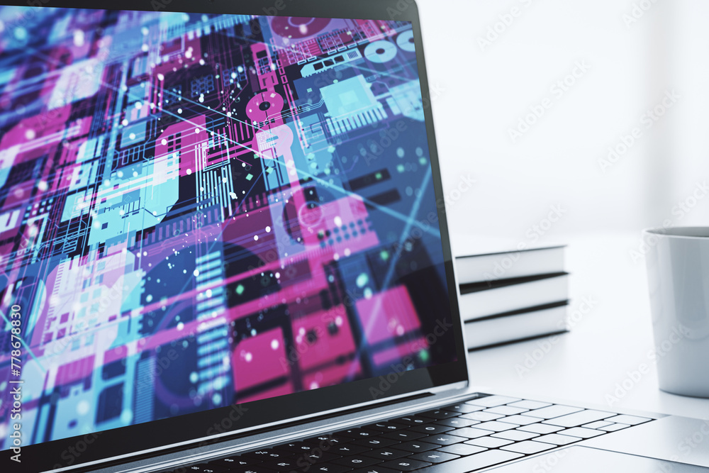 Aufkleber Modern computer screen with abstract graphic coding sketch, big data and networking concept. 3D Rendering