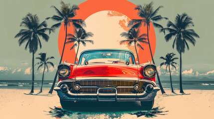 Vintage car on the beach against the background of the sun.