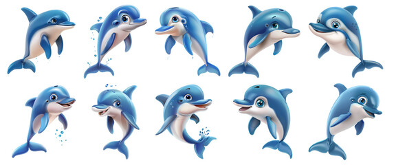 Cute dolphin 3d Clipart Bundle Set, isolated png, generated ai