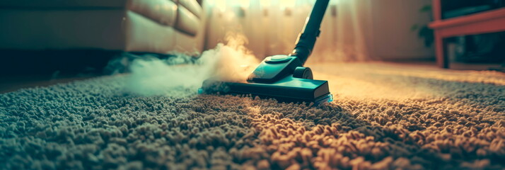 clean home with vibrant person using a vacuum cleaner to remove dust and dirt from their carpet - obrazy, fototapety, plakaty
