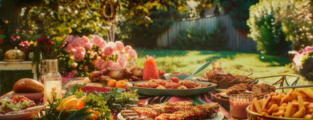 Backyard barbecue with colorful dishes, against a backdrop of lush green lawns and blooming flowers. - obrazy, fototapety, plakaty