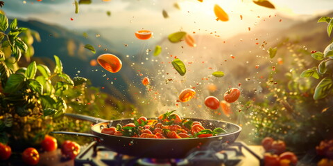 Fototapeta na wymiar world of culinary delight with striking images of summer frying dishes hovering against a picturesque summer landscape