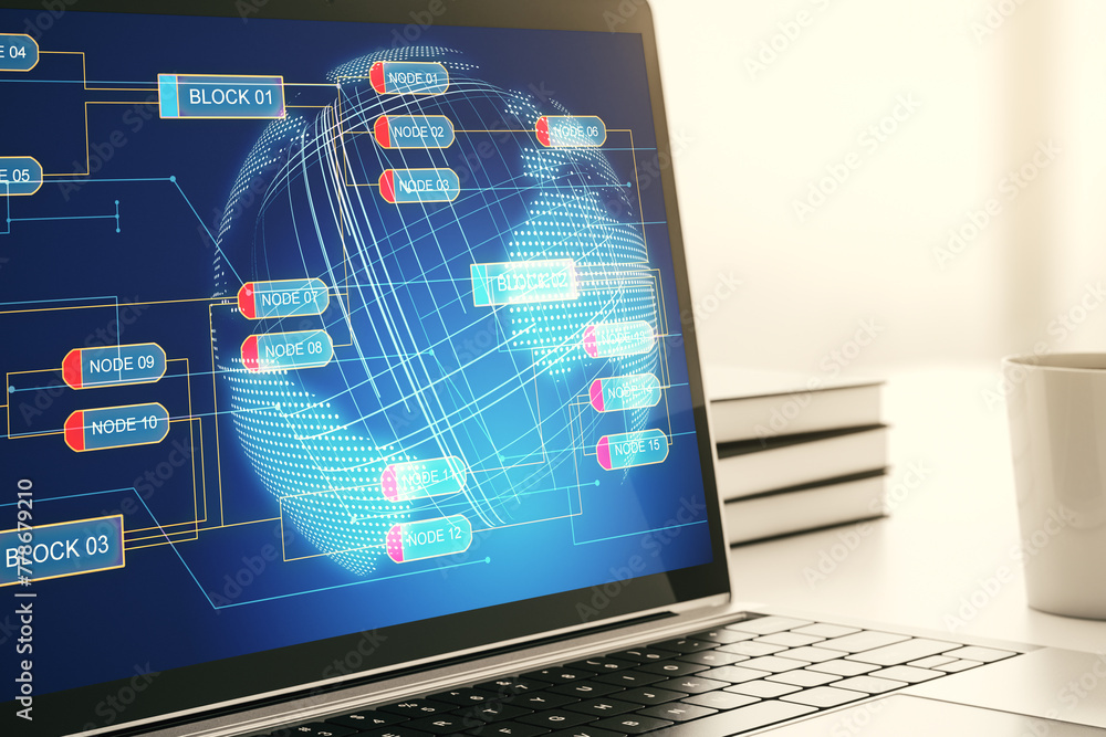 Poster Modern computer display with abstract software development hologram and world map, global research and analytics concept. 3D Rendering