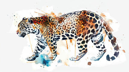 Jaguar in watercolour Isolated on white background.