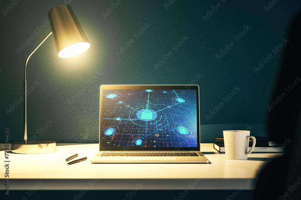 Aufkleber Creative lock sketch with chip hologram on modern computer monitor, protection of personal data concept. 3D Rendering