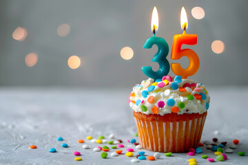 Birthday cupcake with number thirty-five candle