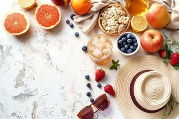 Fototapeta na wymiar A flat lay composition featuring an array of fresh fruits, a bowl with muesli and ice cubes, sunglasses on the table, a hat on a white background