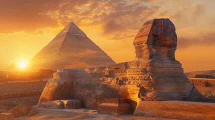 Sphinx at sunset pyramids in the background