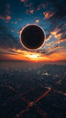 Solar eclipse captured from a high vantage point - obrazy, fototapety, plakaty