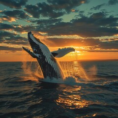 Whales breaching during a sunset