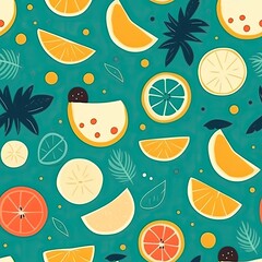 Minimalist graphic design of seamless pattern, summer tropical fruits.