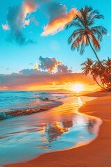 Fototapeta na wymiar Beautiful Sunset on Tropical Beach With Palm Trees