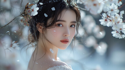 Full shot, the world's most beautiful Asian girl, a delicate and beautiful Korean beauty in her 20s wearing a white dress, gaze looking at the camera,sitting on a cherry blossom tree and looking down
