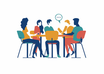 Casual Business Meeting Illustration, Eco Vintage 60's Palette - Vector Corporate Teamwork.