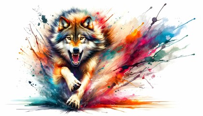 Energetic Watercolor Wolf in Colorful Motion generative AI