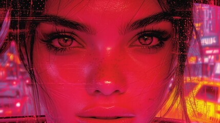 a close up of a woman's face in front of a cityscape with red and pink lights.