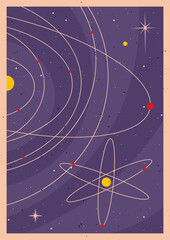 Retro Space Poster Template. Mid Century Modern Colors and Style, Solar System and Atom, Aged Texture pattern