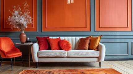 A living room with a white couch and orange pillows. The couch is surrounded by two orange chairs. The room has a warm and inviting atmosphere
