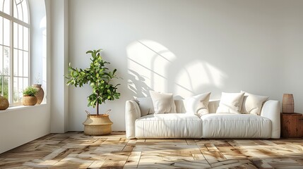 A large white couch sits in a room with a window and a potted plant. The room is clean and uncluttered, giving off a calm and inviting atmosphere