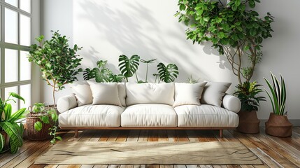 A living room with a white couch and a bunch of plants. The plants are in pots and there are two potted plants on the floor. The room has a natural and calming atmosphere - Powered by Adobe