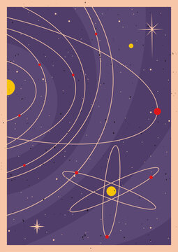 Retro Space Poster Template. Mid Century Modern Colors and Style, Solar System and Atom, Aged Texture pattern