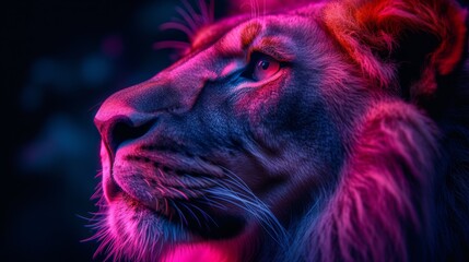 a close up of a lion's face with a red and blue light shining on it's face.