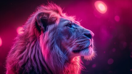 Naklejka premium a close up of a lion's face on a purple and pink background with boke of lights in the background.